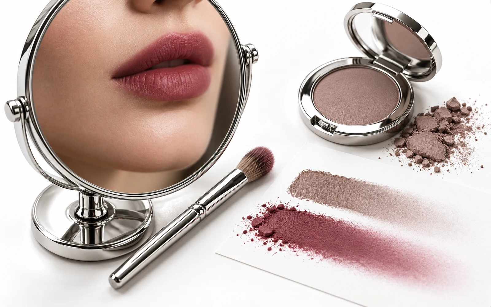 آینهٔ نقره‌ای، لبهٔ محو رژ و سواچ‌های نرم؛ تکنیک میکاپ مدرن